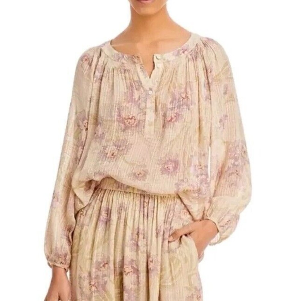 Vanessa Bruno Floral Tobago Silk Blend Blouse Cream 1/4 Button Size 40 (US 8)